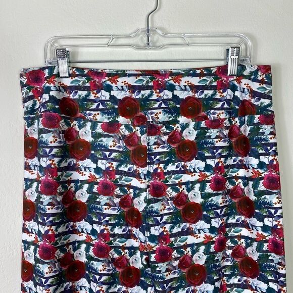 Barker Basic Comfort Red & Green Floral Striped High Rise Leggings TC2 - Picture 3 of 4